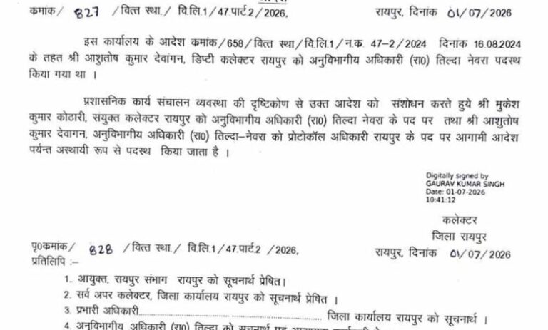 रायपुर-में-प्रशासनिक-फेरबदल,-मुकेश-कोठारी-बने-तिल्दा-नेवरा-के-नए-sdm